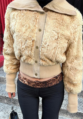Autumn Winter Women's Solid Color Turndown Collar Single-Breasted Fur Patchwork Long Sleeve Women Jacket Coat