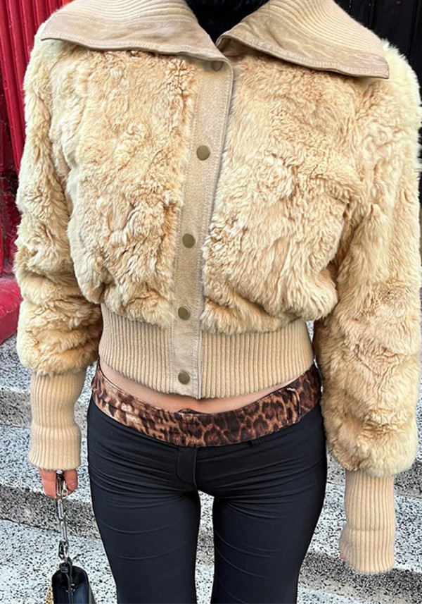 Autumn Winter Women's Solid Color Turndown Collar Single-Breasted Fur Patchwork Long Sleeve Women Jacket Coat