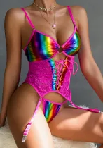 Sexy Flash Gradient Multi-Color Cross Lace-Up Straps Two-Piece Lingerie Set