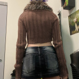 Autumn Winter American Detachable Fur Collar Cardigan Sweater Slim Short Jacket Top Women's Clothing