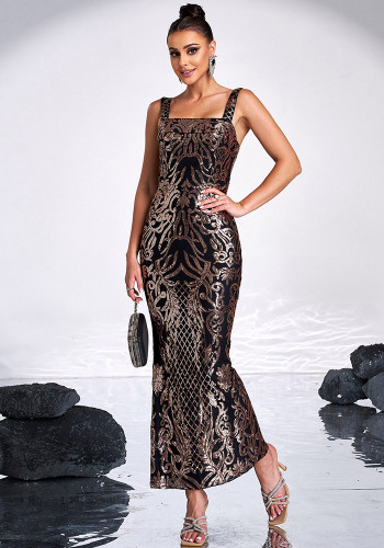 Chic Elegant Sleeveless Square Neck Sexy Maxi Sequin Formal Party Evening Dress Bridesmaid Dress
