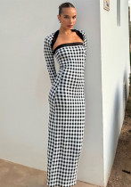 Women Lace Patchwork Retro Plaid Print Strapless Shawl Maxi Dress