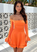 Women Solid Off Shoulder Bell Bottom Sleeve Dress