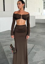 Women Long Sleeve Gathered Slit Bodycon Skirt