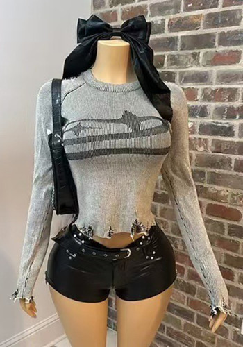 Women American Contrast Color Ripped Patchwork Round Neck Casual Top