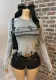 Women American Contrast Color Ripped Patchwork Round Neck Casual Top