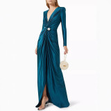 Women pleated solid lace long sleeve v neck maxi dress