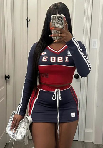 Women American Long Sleeve V-Neck Print Sports Casual Top and Skirt Two-piece Set