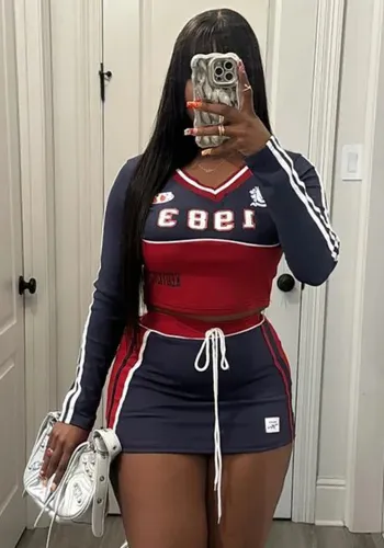Women American Long Sleeve V-Neck Print Sports Casual Top and Skirt Two-piece Set