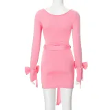 Women Long Sleeve Bow Decorated Gathered Bodycon Lace Dress