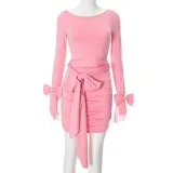 Women Long Sleeve Bow Decorated Gathered Bodycon Lace Dress