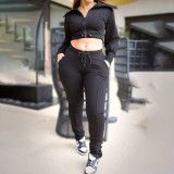 Women Turndown Collar zipper drawstring Crop long sleeve top and long pants two-piece set