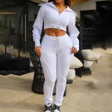 Women Turndown Collar zipper drawstring Crop long sleeve top and long pants two-piece set