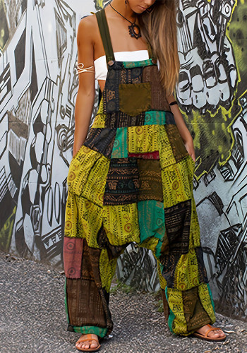 Women hippie patchwork print sleeveless jumpsuit