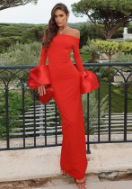 Women Fall and Winter Off Shoulder Flower Bud Cuff Long Sleeve Split Dress
