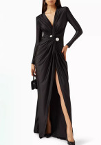 Women pleated solid lace long sleeve v neck maxi dress