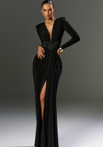Women V Neck Shoulder Pad Long Sleeve Slit Sexy Maxi Dress