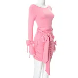 Women Long Sleeve Bow Decorated Gathered Bodycon Lace Dress