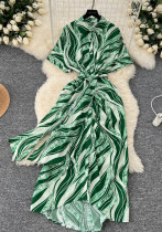 Women Autumn Lace-Up Printed Polo Neck Dress