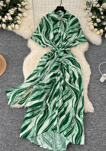 Women Autumn Lace-Up Printed Polo Neck Dress