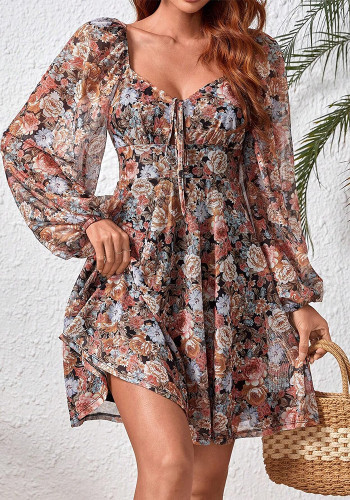 Women's Printed Puff Sleeve V-Neck Autumn Long Sleeve Dress