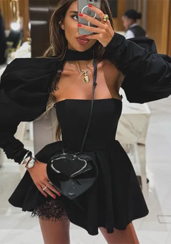 Women Sexy Long Sleeve Strapless Black A-Line Dress