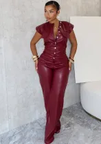 Women's Fashion Sleeveless Pu Leather Jumpsuit