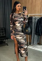 Autumn Street Print Sexy Slit Irregular Dress