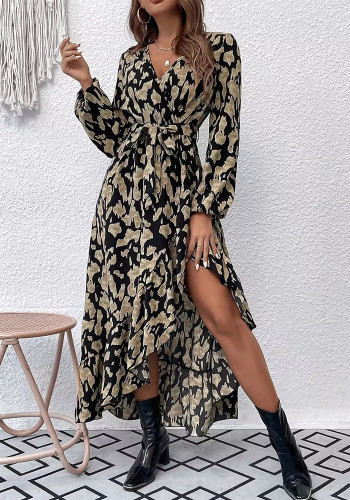 Women's Long Sleeve Ruffle Leopard Print Dress