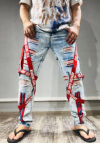 Men's Trendy Patch Webbing Ripped Zipper Denim Pants