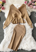 Autumn And Winter Long-Sleeved V-Neck Low Back Knitting Sweater High Waist Bodycon Skirt Two-Piece Set
