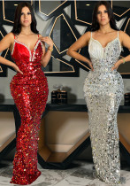 Fashion Sexy Strap Sequin Long Evening Dress