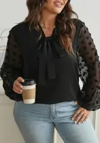 Plus Size Women's Solid Mesh Patchwork Long Sleeve Tie Plus Size Shirt