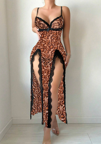 Sexy Leopard Lingerie Strap Slit Night Dress