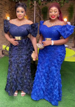 African Women's Dress Luxury Embroidery Off Shoulder Mesh Beaded Belted Evening Dress