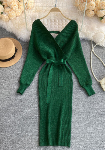 V-Neck Sweater Dress Autumn And Winter Bat Sleeves Bodycon Women's Knitting Dress