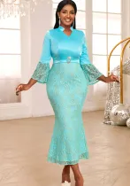 V-Neck Bell Bottom Sleeve Lace Patchwork Fishtail Formal Party Dress