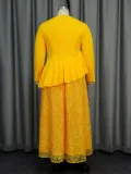 See-Through Round Neck Long-Sleeved Lace Ruffle Formal Party Dress