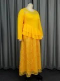 See-Through Round Neck Long-Sleeved Lace Ruffle Formal Party Dress