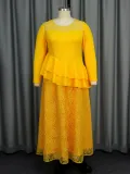 See-Through Round Neck Long-Sleeved Lace Ruffle Formal Party Dress
