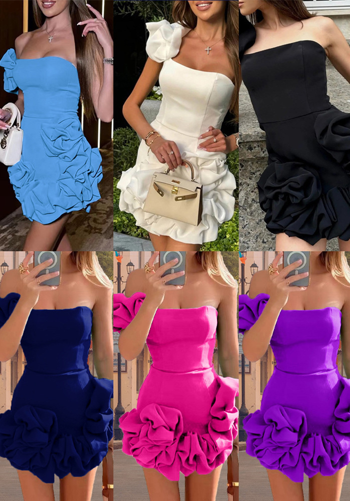 Wholesale Women Summer Ruffle Flower Bud One Shoulder Strapless Bodycon ...