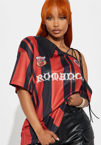 Women autumn sexy striped short-sleeved t-shirt slash shoulder top