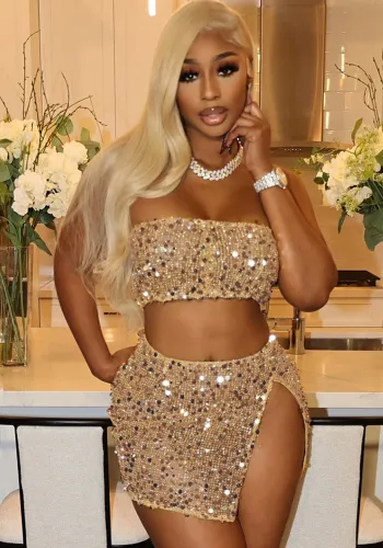 Women Summer Crop Backless Split Sequin Strapless Top and Skirt Two Piece Set
