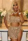 Women Summer Crop Backless Split Sequin Strapless Top and Skirt Two Piece Set