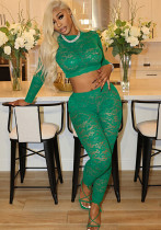 Women autumn lace Crop sexy long-sleeved Top and Pand Two Piece Set
