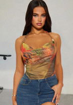 Women summer backless lace-up mesh irregular top