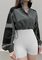 Women's Fashion Black And Gray High Collar Zipper Windbreaker Jacket