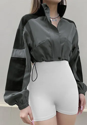 Women's Fashion Black And Gray High Collar Zipper Windbreaker Jacket