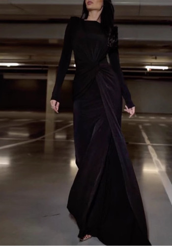 Solid Color Long Sleeve Round Neck Mermaid Long Evening Dress
