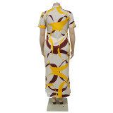 Summer Fashion Printed Short Sleeve Slit Shirt Maxi Dress Plus Size Dress